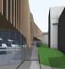High energy performance glass facades - 3D render of curtain wall with interstitial timber louvre option