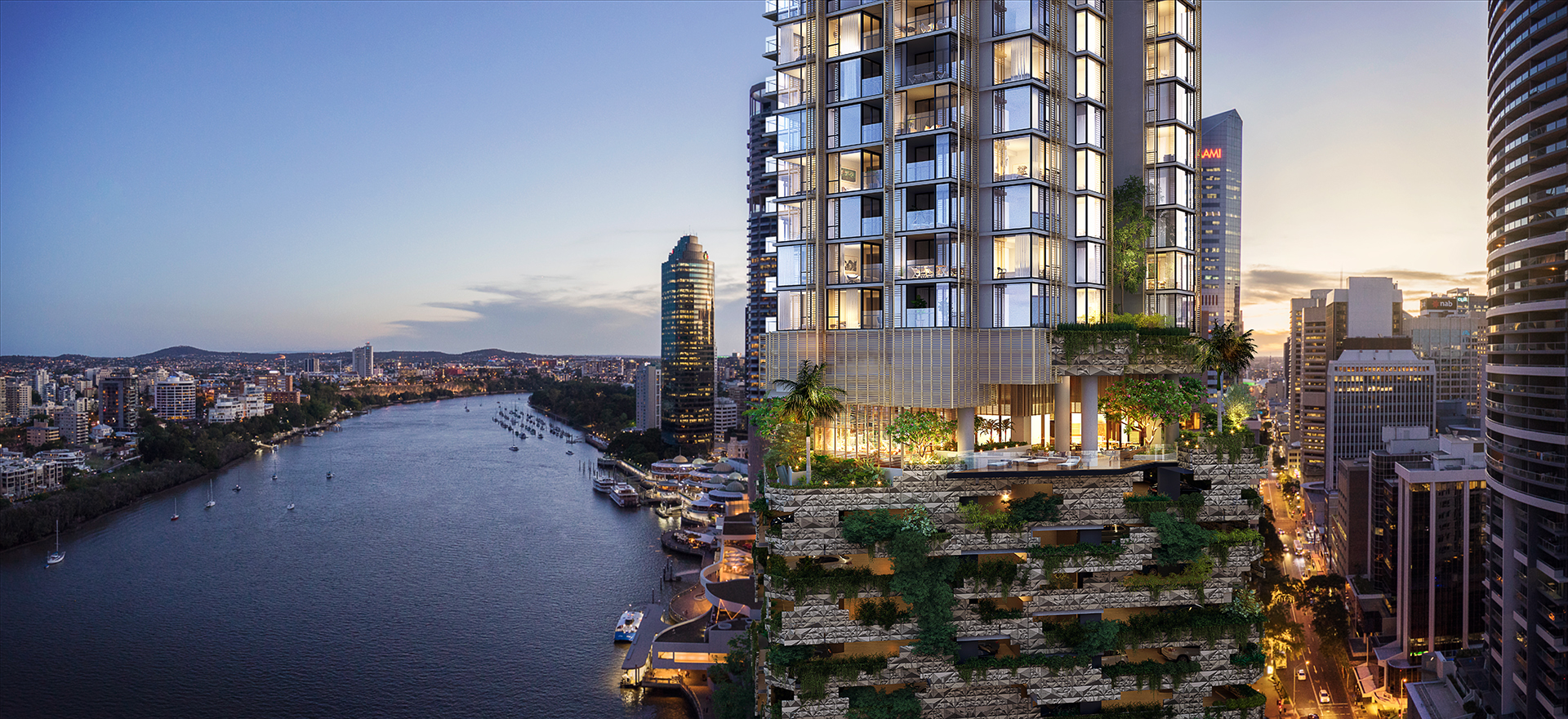 A render image of 443 Queen St from the Brisbane river.