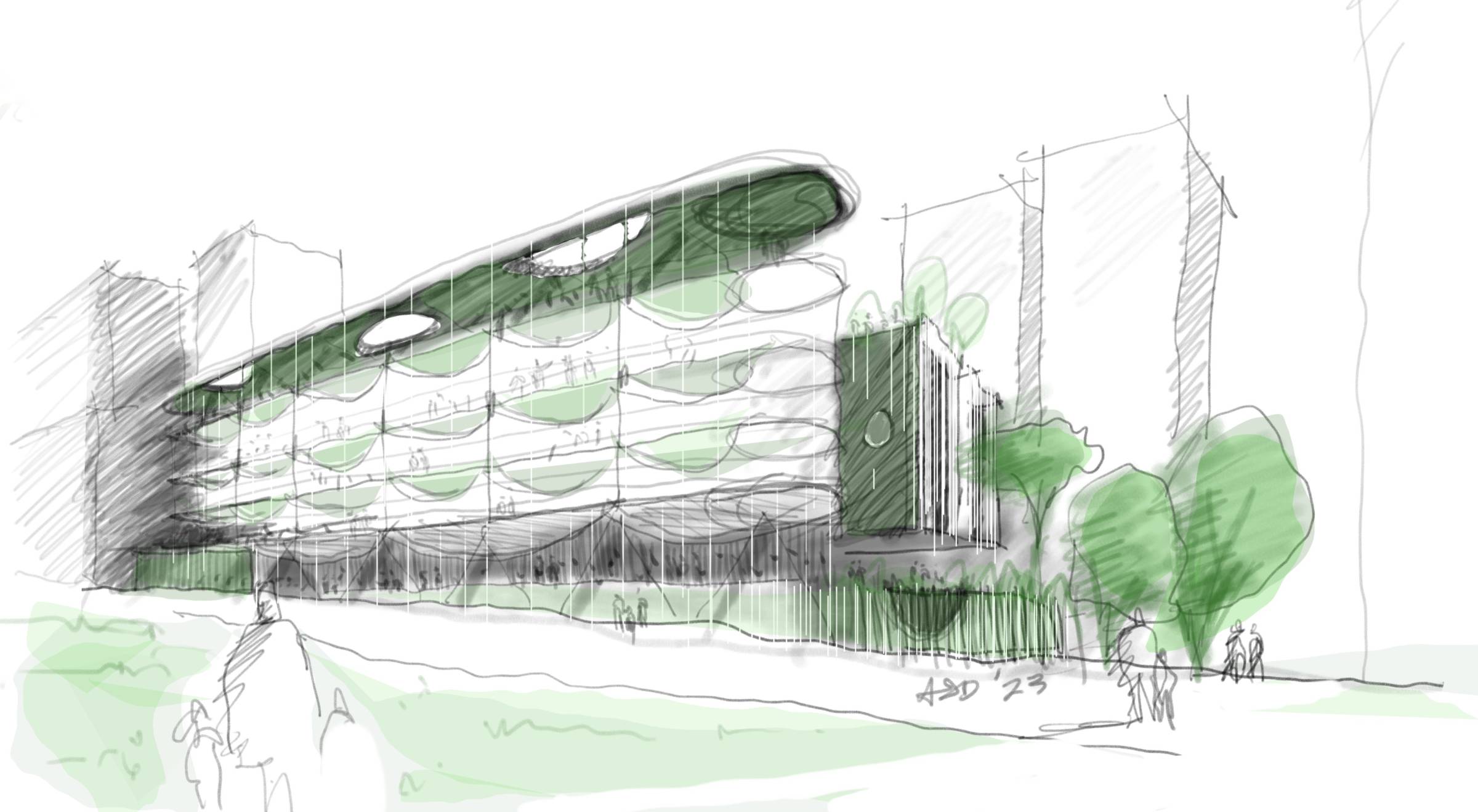 The image is a designer's sketch of a multi-level schools with greenery incorporated across all levels.