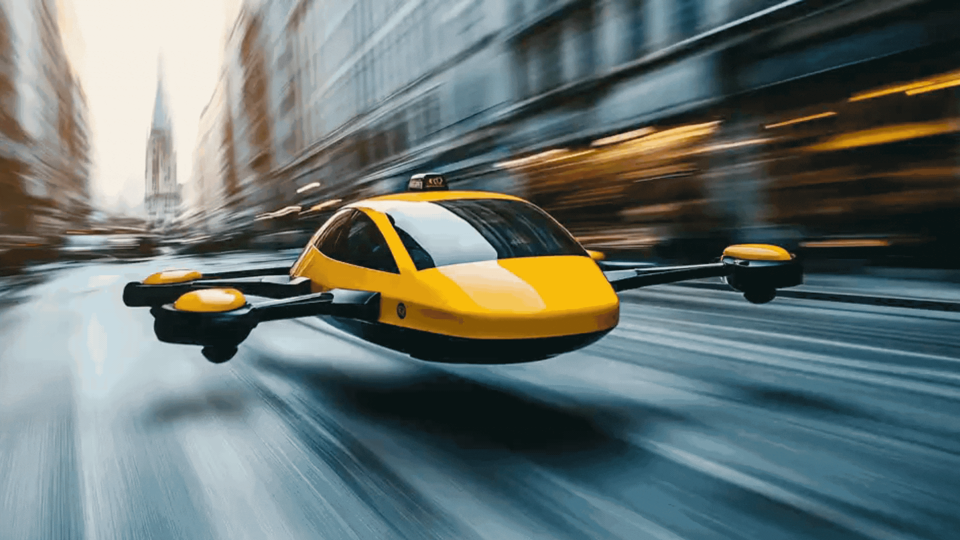 hovering yellow taxi speeds through city scape